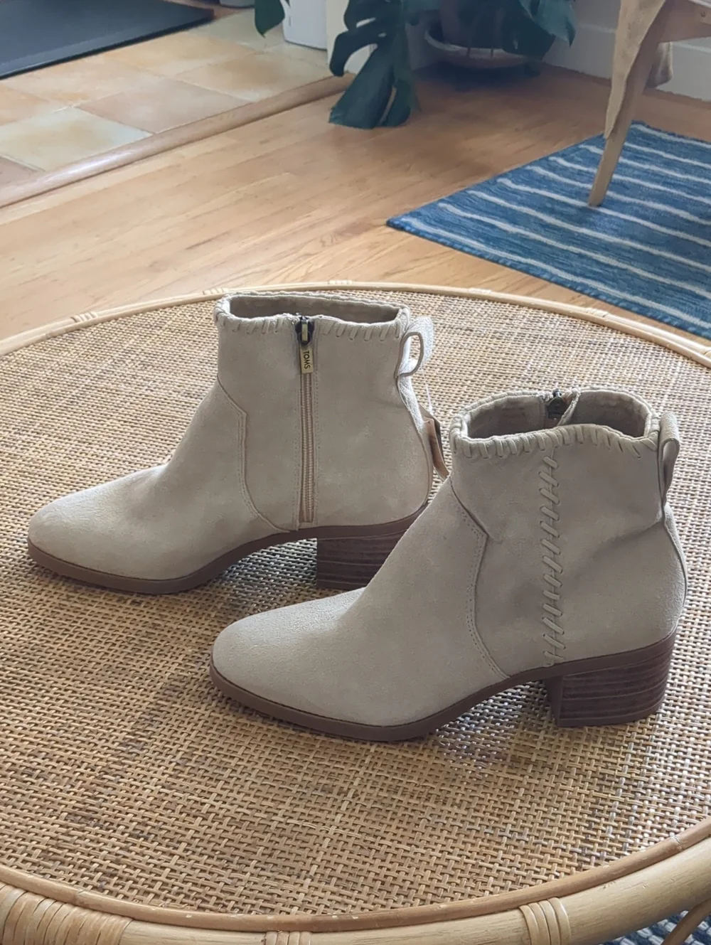 TOMS Cream Suede Stitched Ankle Booties - Picture 3 of 6